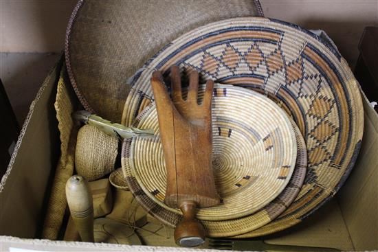 Collection of tribal baskets, glove stretcher, etc